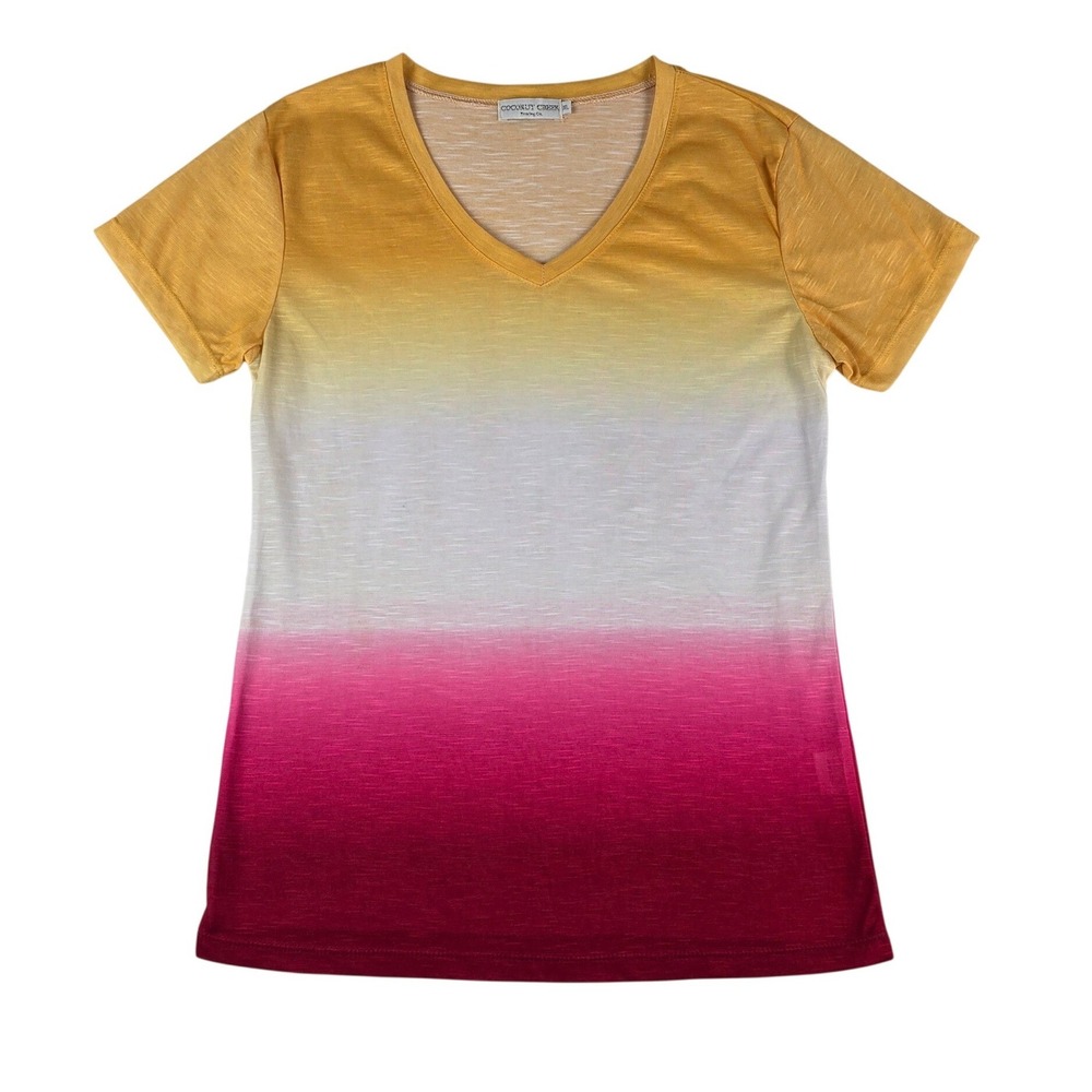 Coconut Creek Trading Co Ombre V-Neck Top Women XL Yellow Pink Short Sleeve Tee‎